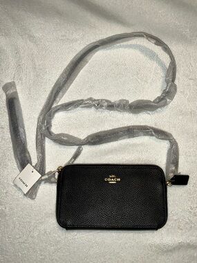 Coach Black Pebbled Leather Crossbody Wallet with Gold Logo